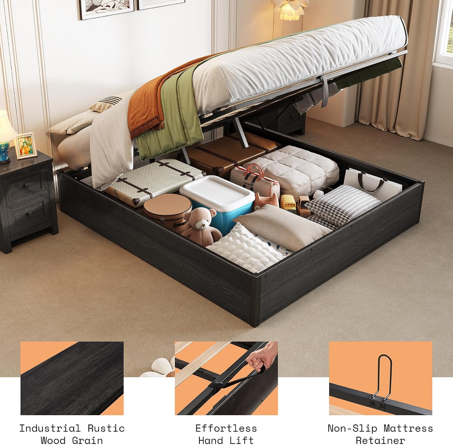 AMERLIFE Lift Up Storage Bed, Queen Bed Frame with Storage Underneath, Wooden Platform Bed Frame, Solid Wood Slats Support, No Fixed Headboard, No Box Spring Needed, Dark Oak