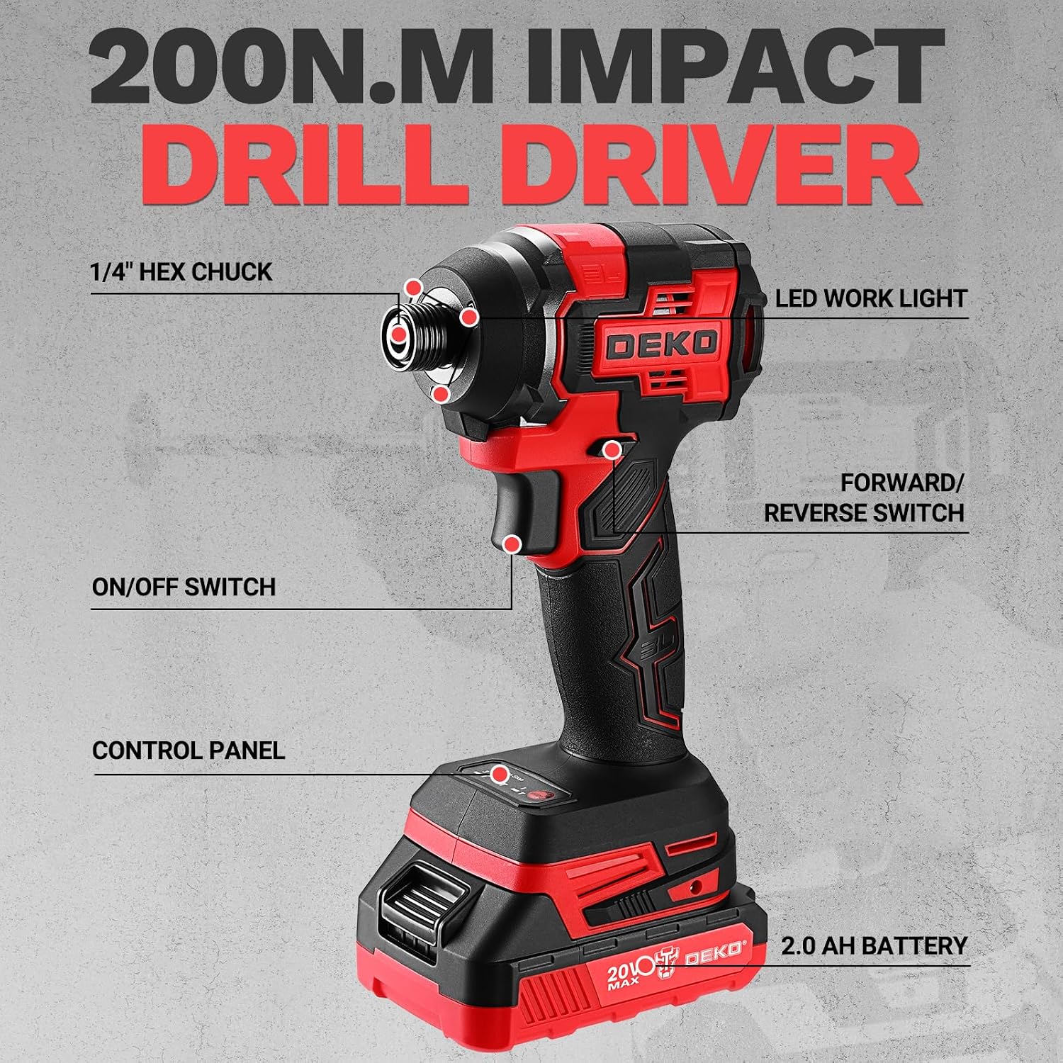 Cordless Drill & Impact Driver: DEKOPRO 20V Brushless Power Drill and 20V Brushless Impact Driver Set, Power Tool Set with 2x2.0Ah Batteries, Charger, Bag & 52xAccessories-Red