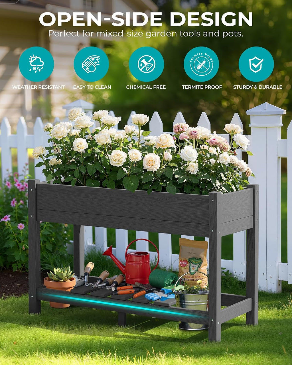 SERWALL Raised Garden Bed with Legs, 43"×17"×30" Large HDPE Elevated Planter Box for Vegetables Flower Herb Patio, All Weather Use- Gray