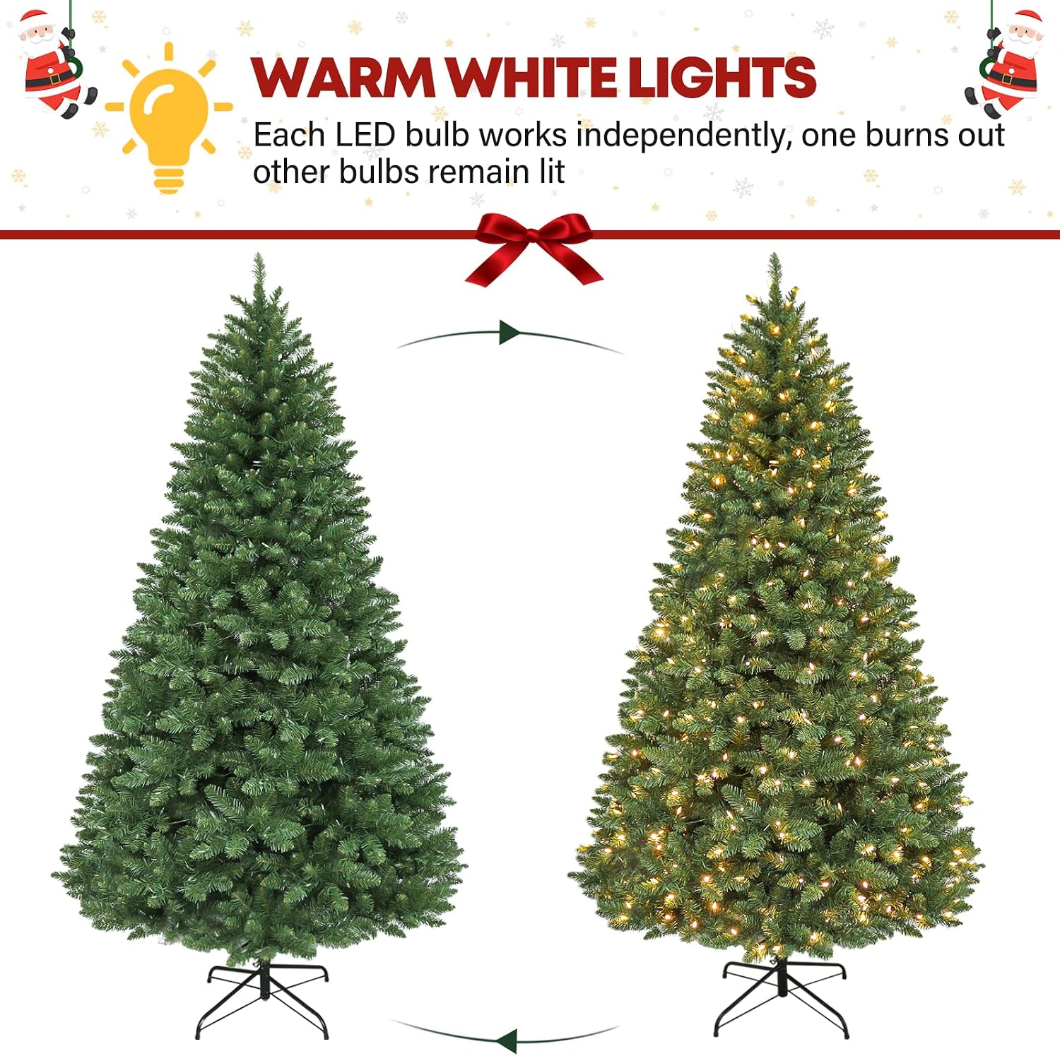 7.5 ft Lighted Artificial Christmas Tree, 450 Warm White LED Lights, 1450 PVC Branch Tips, Metal Stand and Hinged Branches for Home, Decorating