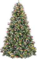 6 ft Lighted Frosted Christmas Tree, Artificial Pine Christmas Tree with Red Berries, 250 Warm White LED Lights, 956 Branch Tips, Foldable Metal Stand and Hinged Branches