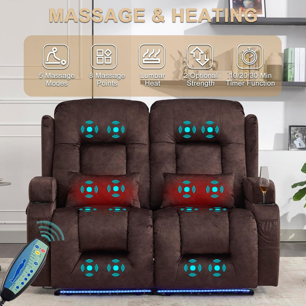 URRED Power Loveseat Recliner Sofa with Massage and Heat, Wall Hugger Reclining Loveseat, RV Couch Home Theater Seating with LED Lights for Living Room (Brown, 54" - 2 Seats)