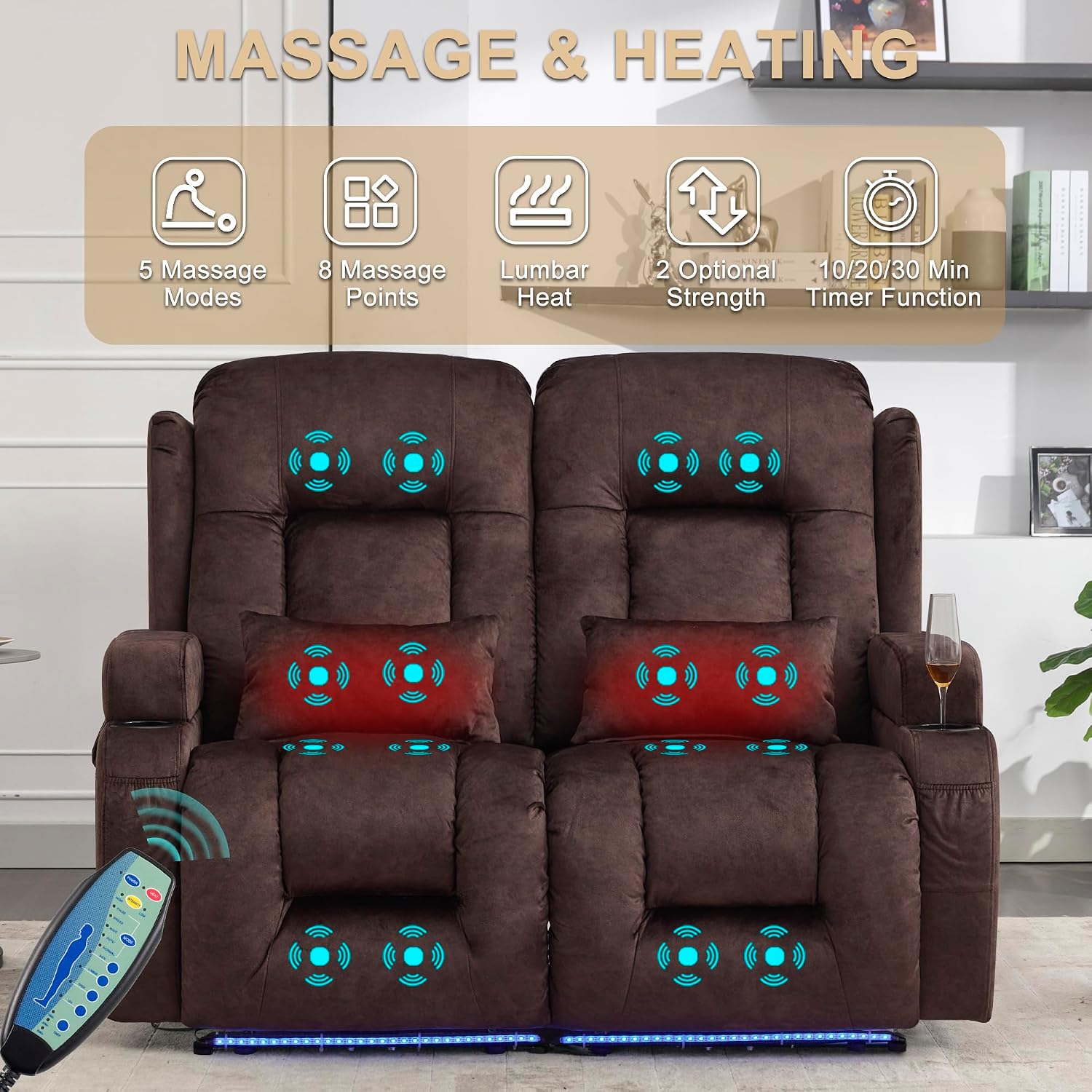 URRED Power Loveseat Recliner Sofa with Massage and Heat, Wall Hugger Reclining Loveseat, RV Couch Home Theater Seating with LED Lights for Living Room (Brown, 54" - 2 Seats)