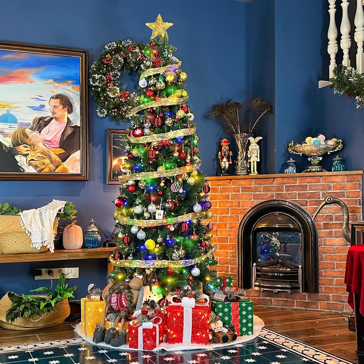 7.5 ft Prelit Pencil Slim Christmas Tree, Artificial Hinged Flocked Christmas Tree with 300 Multicolor LED Lights, Metal Base Included, 792 PVC Branch Tips, 10 Colors