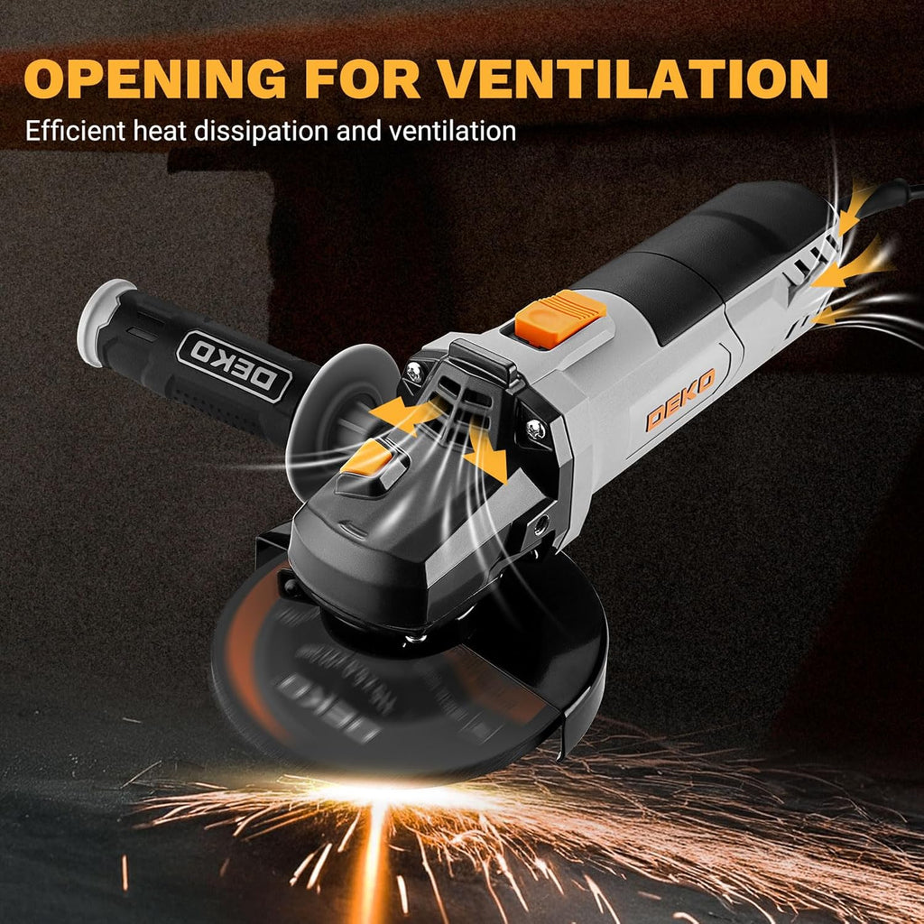 8-Amp Angle Grinder: DEKOPRO 4-1/2 inch Electric Corded Grinder Power Tools with Grinding and Cutting Wheels, Auxiliary Handle and Wrench for Cutting, Polishing and Grinding