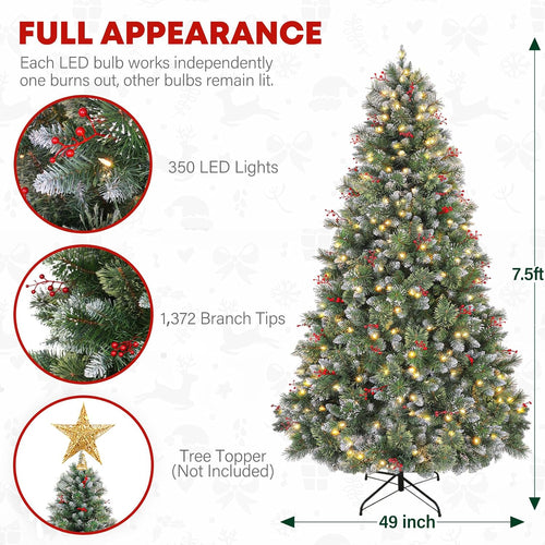 7.5ft Lighted Frosted Christmas Tree, Artificial Christmas Pine Tree with Red Berries, 350 Warm White LED Lights, 1372 Branch Tips, Foldable Metal Stand and Hinged Branches