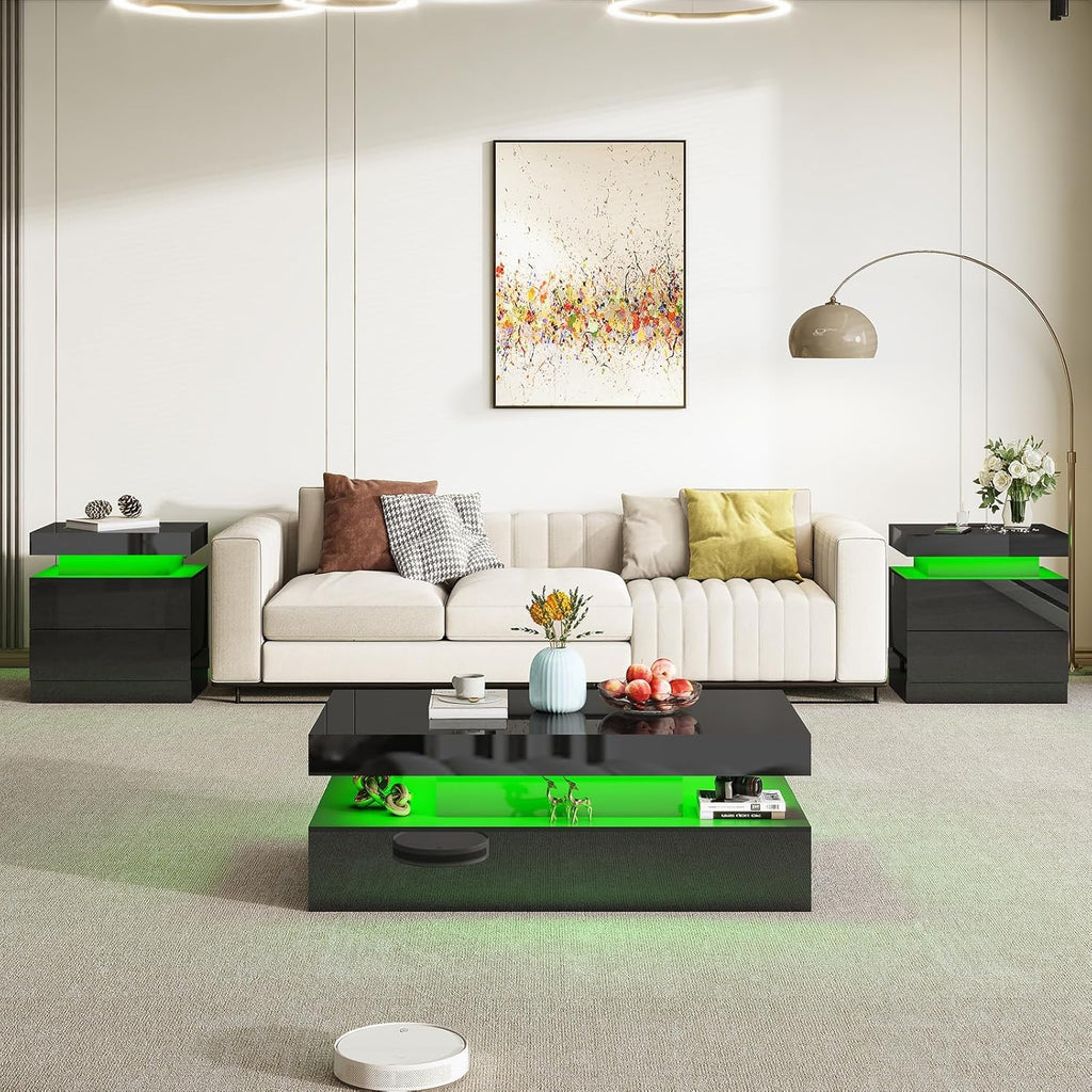 AMERLIFE 3-Piece High Gloss Living Room Table Set with LED Lights, Modern Coffee Table and 2 Side Tables, 2-Tier Center Table with Storage, Black Nightstands with Charging Station