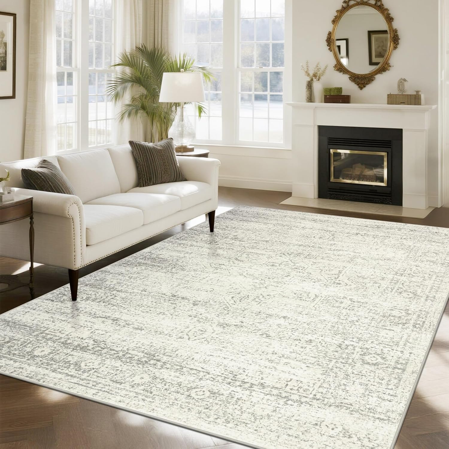 Srugn Washable Area Rug for Living, Bedroom & Dining Room, Ultra Soft Faux Wool Retro Large Carpet, Non-Slip/Shedding Low Pile Vintage Print for Home Office Decor, Beige Ivory Cream Brown Camel, 5x7