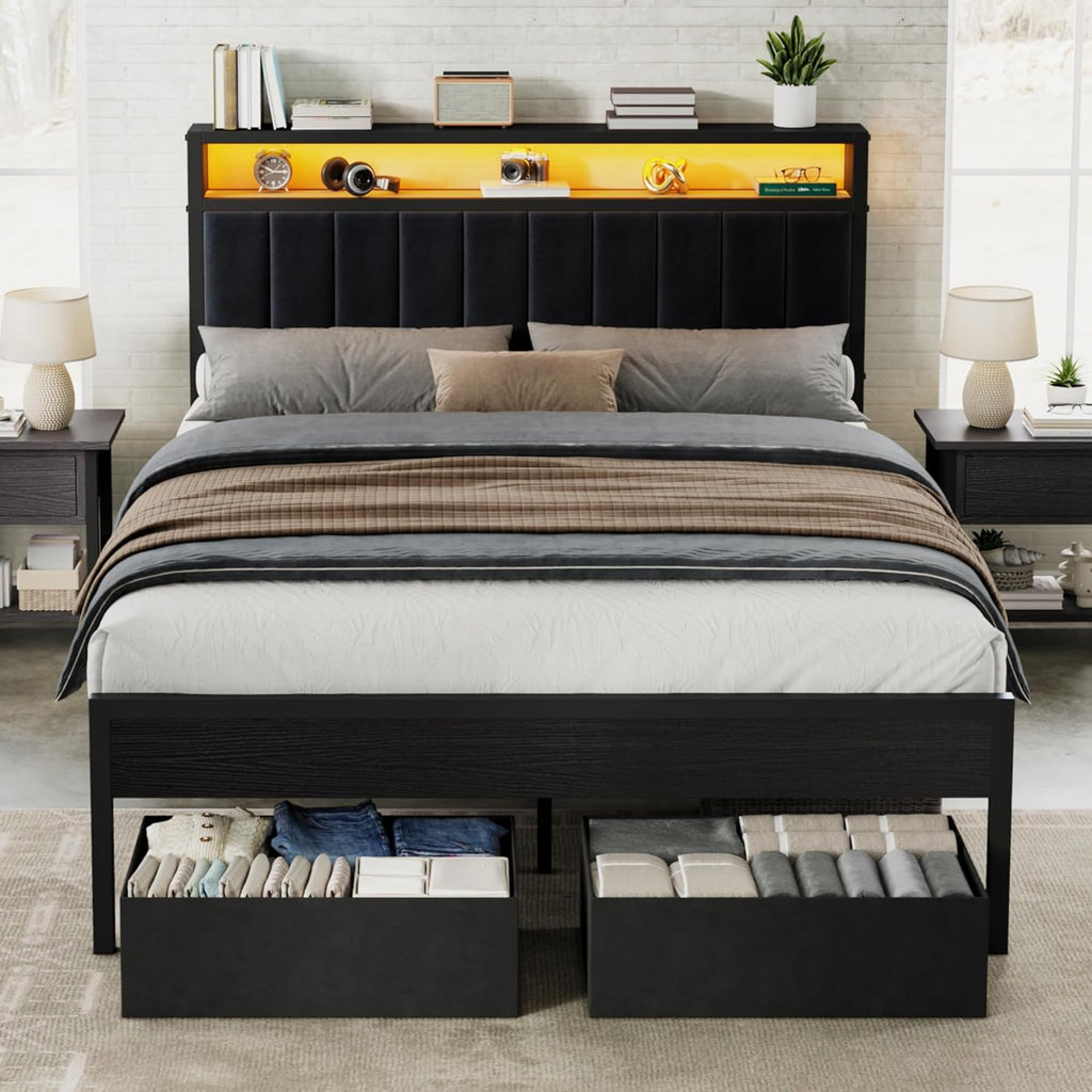 AMERLIFE Queen Bed Frame with LED Light and 2 Storage Drawers, Metal Platform Bed with Storage Headboard, Velvet Upholstered, Heavy-Duty Slats, No Box Spring Needed, Easy Assembly, Black