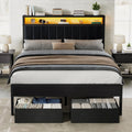 AMERLIFE Queen Bed Frame with LED Light and 2 Storage Drawers, Metal Platform Bed with Storage Headboard, Velvet Upholstered, Heavy-Duty Slats, No Box Spring Needed, Easy Assembly, Black