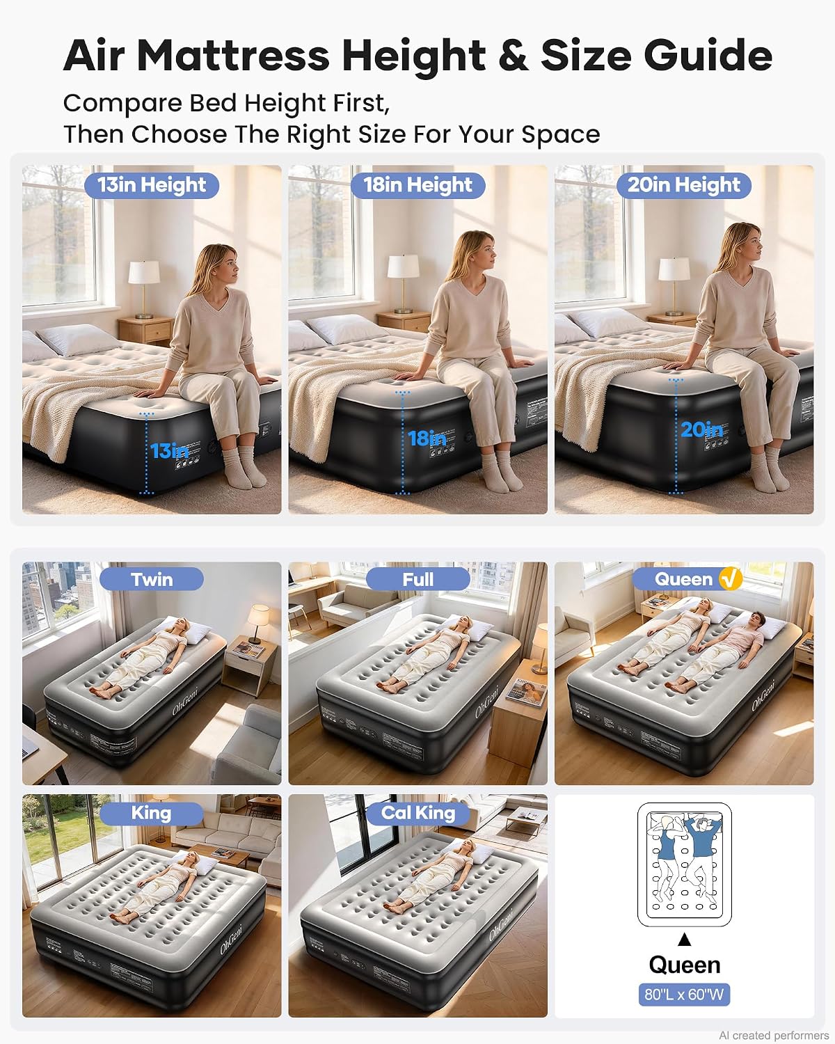 OhGeni 20" Queen Air Mattress (1-Pack) with Built in Pump, Inflatable Blow Up Bed, Upgraded Air Column Support for Enhanced Stability, Raised Height for Easy Entry & Exit, 650 lbs Capacity