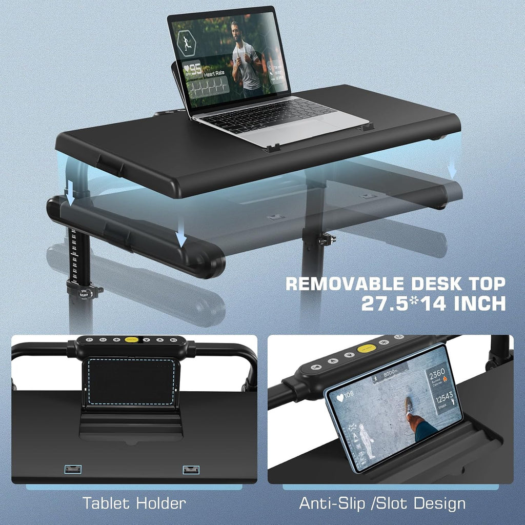 Treadmill with Desk Workstation & Adjustable Height, 450 lbs Weight Capacity, Folding Incline Treadmill with Handle Bar, Portable Ultra-Quiet 3.5HP Walking Pad Treadmill with Desktop for Home Office