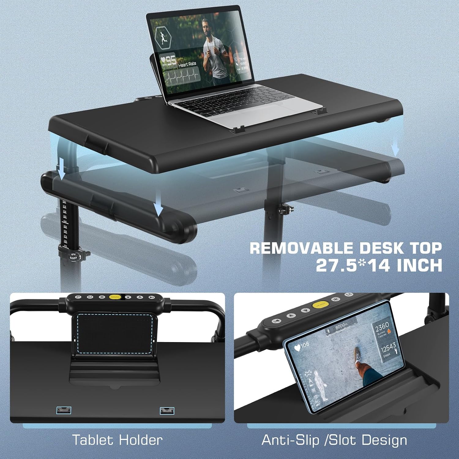 Treadmill with Desk Workstation & Adjustable Height, 450 lbs Weight Capacity, Folding Incline Treadmill with Handle Bar, Portable Ultra-Quiet 3.5HP Walking Pad Treadmill with Desktop for Home Office