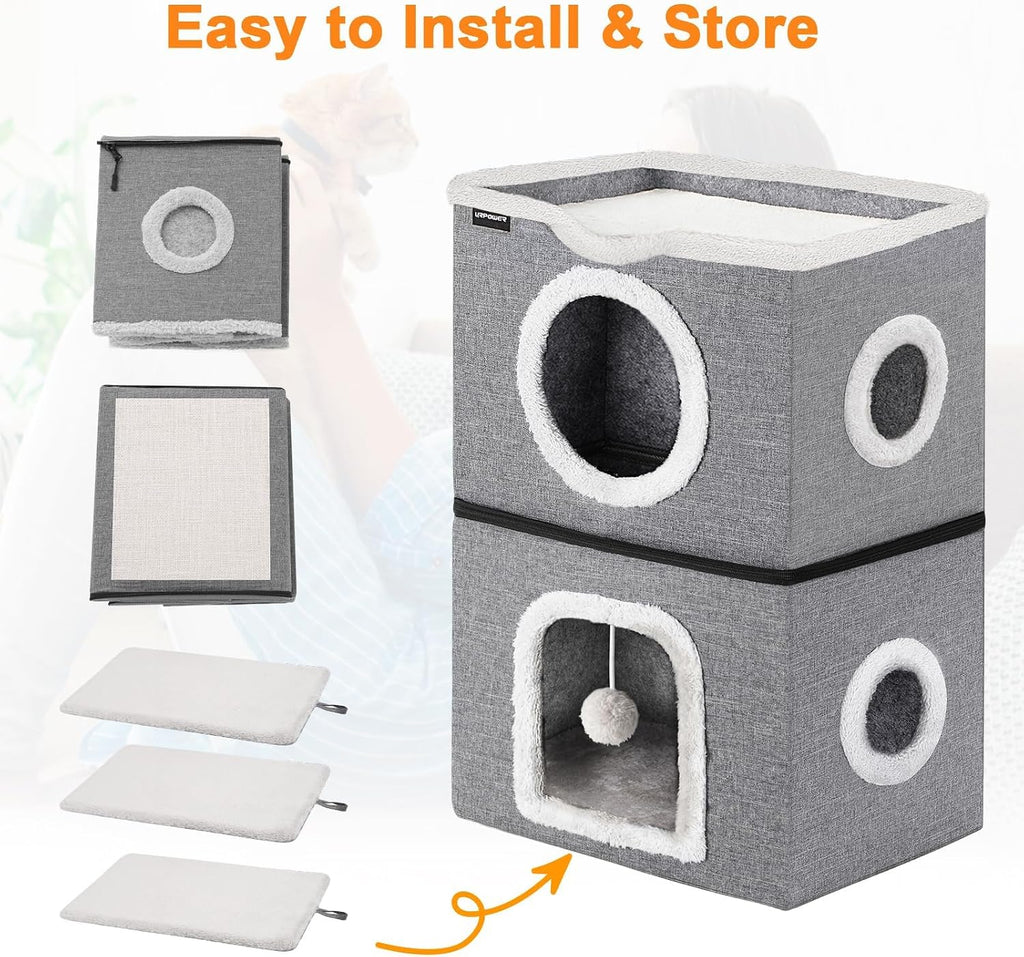 URPOWER 2 Story Cat Bed, Large Cat House for Indoor Cats Covered Cat Cave with Hideaway, Scratch Pad and Fluffy Ball, Foldable Cat Cube Condos Kitten Beds & Furniture for Multiple Small Pets