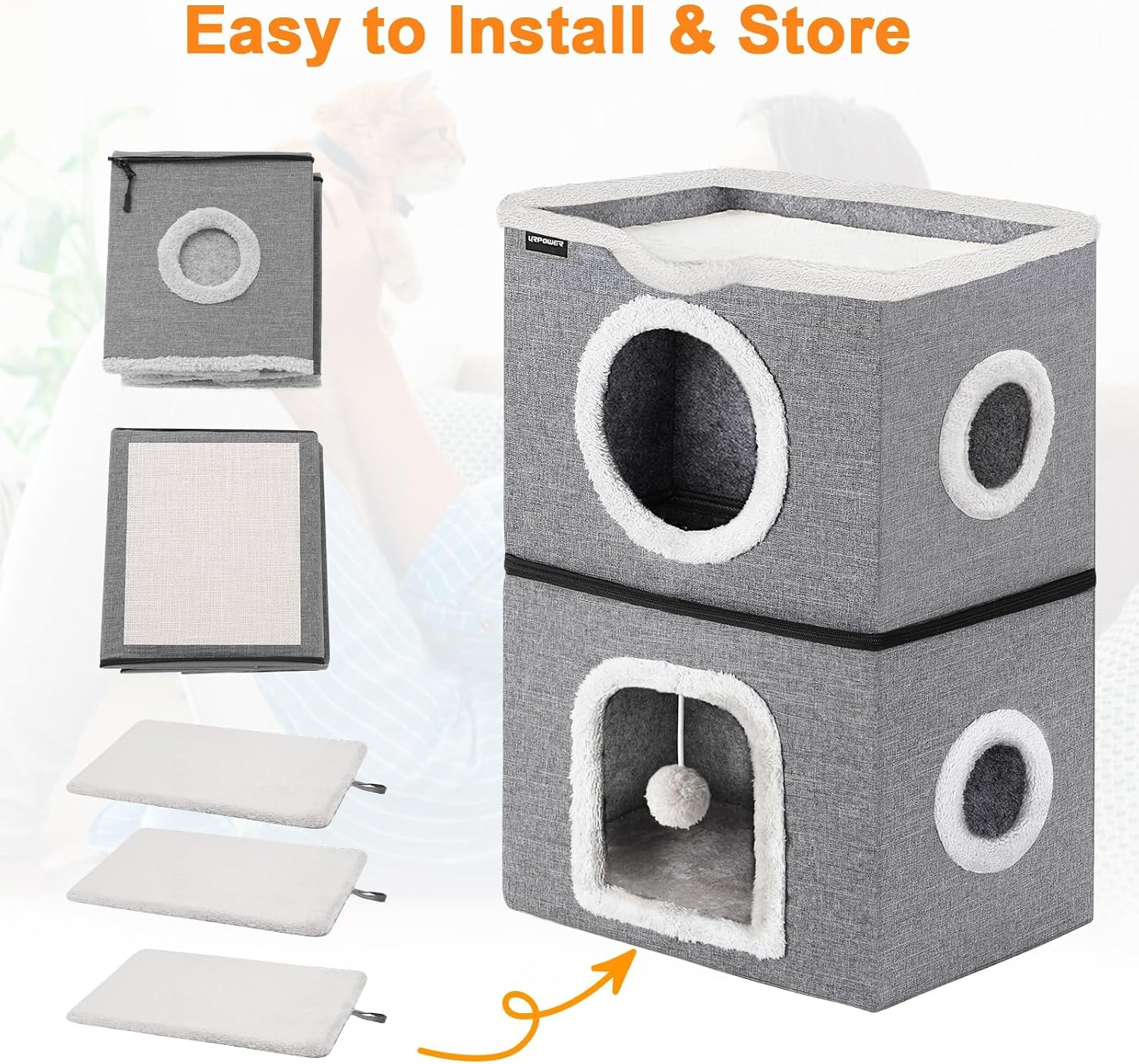URPOWER 2 Story Cat Bed, Large Cat House for Indoor Cats Covered Cat Cave with Hideaway, Scratch Pad and Fluffy Ball, Foldable Cat Cube Condos Kitten Beds & Furniture for Multiple Small Pets