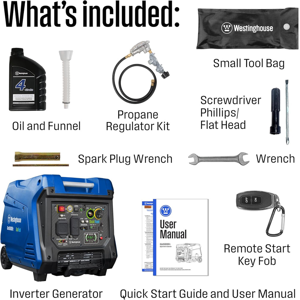 Westinghouse 5000 Peak Watt Super Quiet Dual Fuel Portable Inverter Generator, Remote Electric Start, Gas & Propane Powered, RV Ready, CO Sensor, Parallel Capable