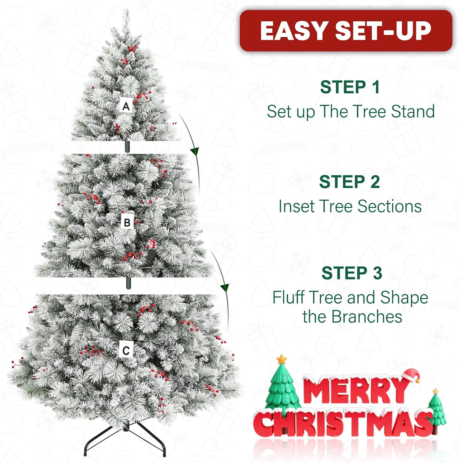 6 ft Lighted Snow Flocked Christmas Tree, 250 Warm White Lights, Artificial Christmas Tree with 1032 Frosted Branch Tips, Metal Stand and Hinged Branches for Indoor Decor