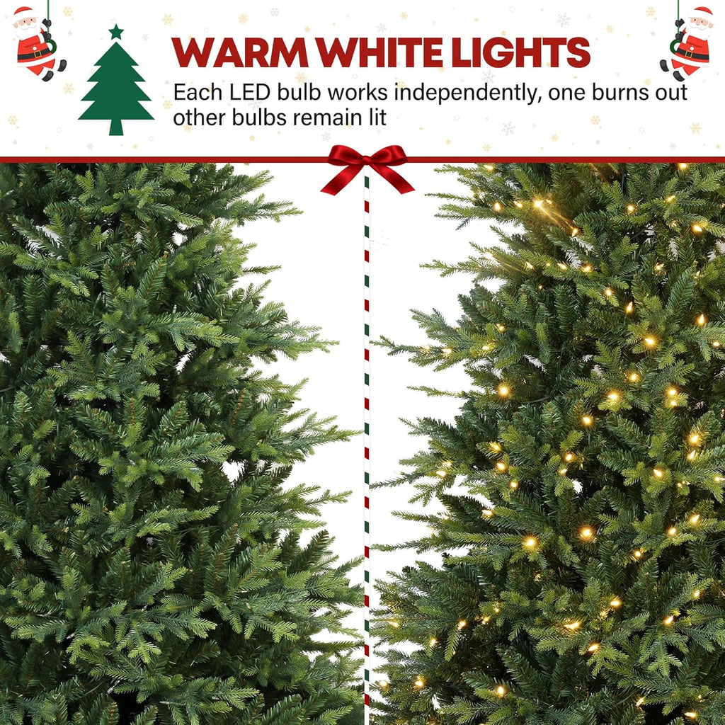 9 ft Lighted Artificial Christmas Tree, 600 Warm White LED Lights, 5149 PE&PVC Mixed Realistic Branch Tips, Metal Base and Hinged Branches Included
