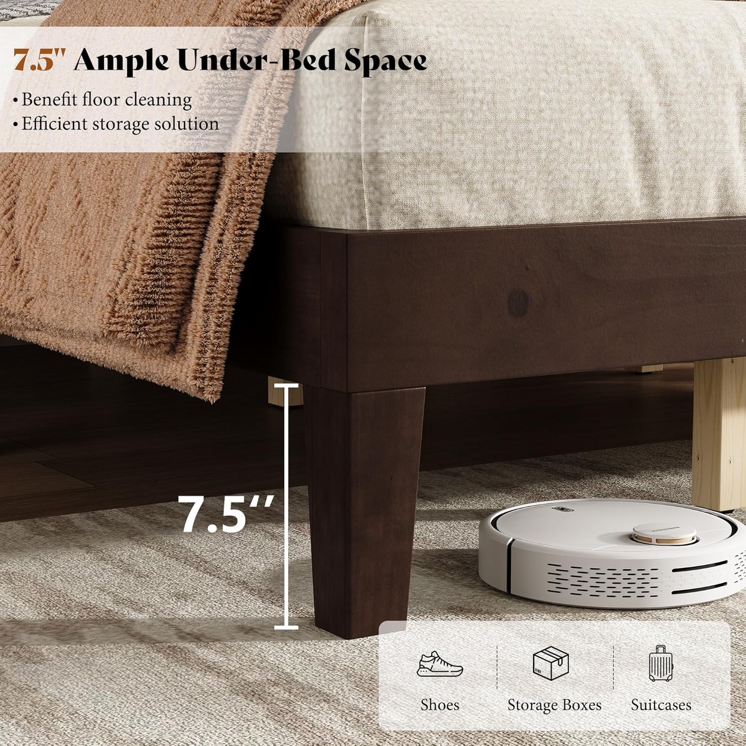 AMERLIFE Queen Size Bed Frame with 48" Tall Headboard, Mid Century Modern Solid Wood Platform Bed with Silent Wood Slat System, No Box Spring Needed, Under-Bed Storage, Dark Walnut