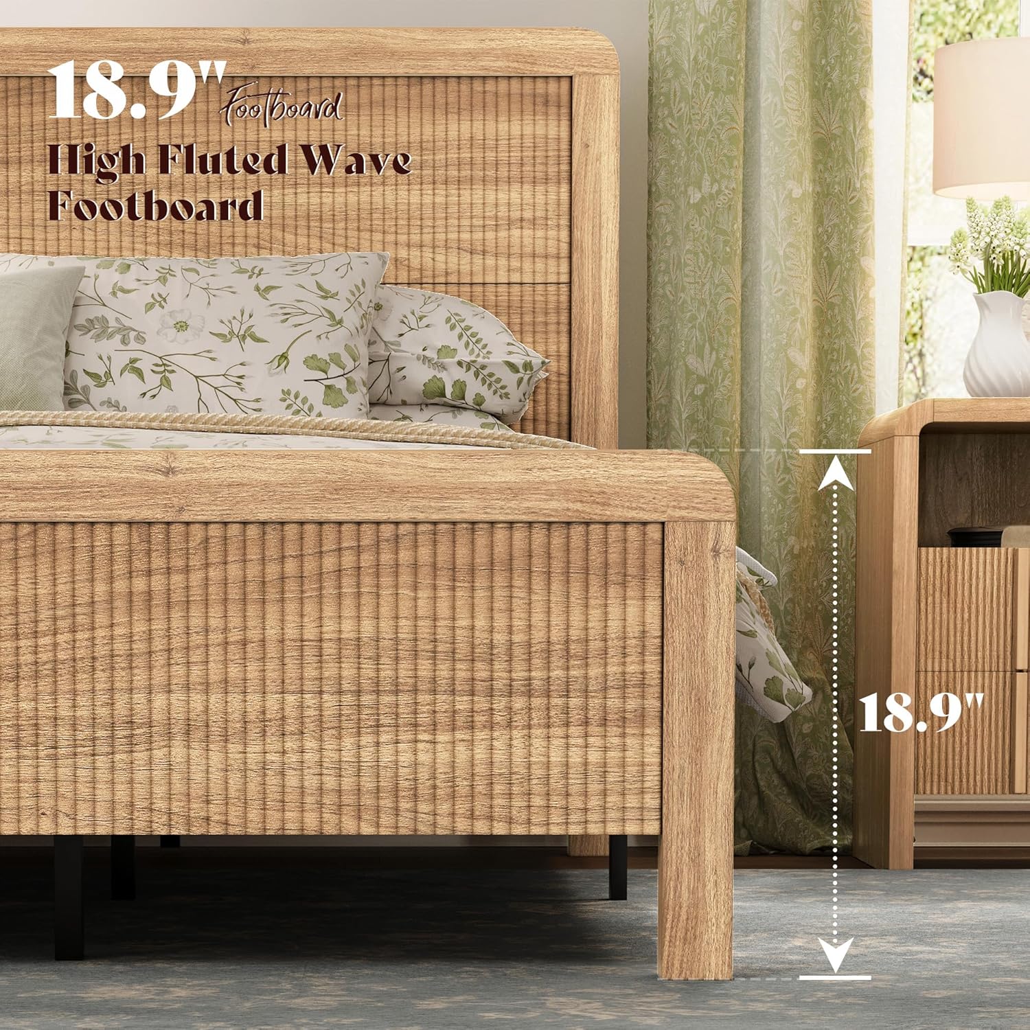 AMERLIFE Wood Queen Size Bed Frame with Headboard & Footboard, Modern Fluted Wooden Platform Bedframe with Rounded Safety Edges, Wood Slat Support, No Box Spring Needed, Easy Assembly, Natural Oak