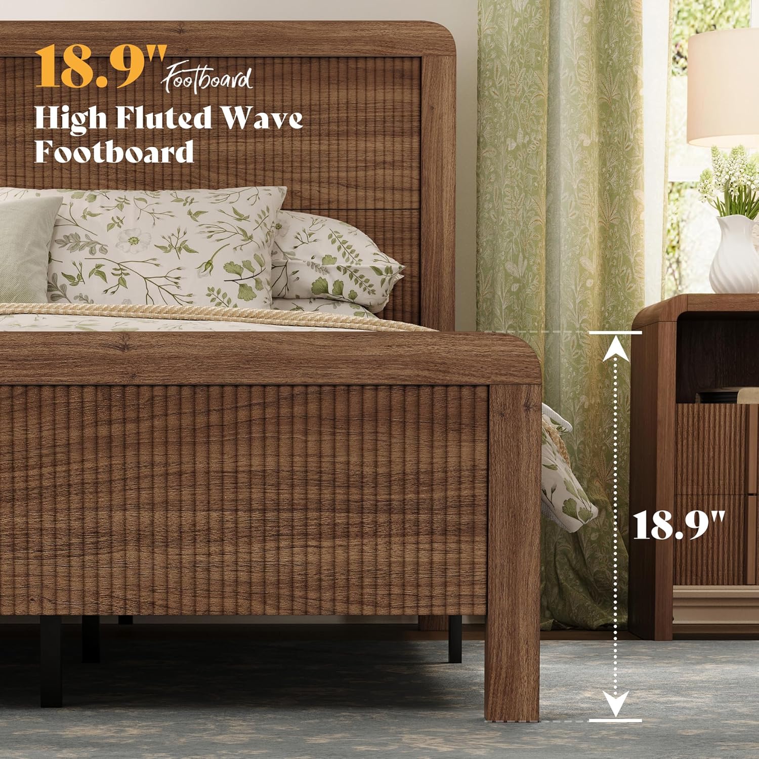 AMERLIFE Wood Queen Size Bed Frame with Headboard & Footboard, Modern Fluted Wooden Platform Bedframe with Rounded Safety Edges, Wood Slat Support, No Box Spring Needed, Easy Assembly, Walnut