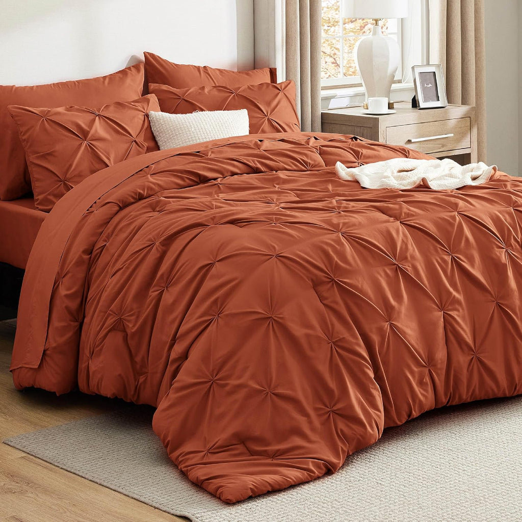 Bedsure King Size Comforter Set Burnt Orange - Bed in a Bag Bedding Set 7 Pieces, GentleSoft™ Pintuck Bed Set Gift for Family, All Season Down Alternative Comforter with Sheets, Pillowcases & Shams