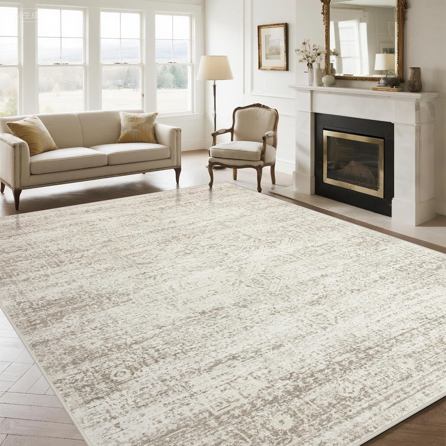 Srugn Washable Area Rug for Living, Bedroom & Dining Room, Ultra Soft Faux Wool Retro Large Carpet, Non-Slip/Shedding Low Pile Vintage Print for Home Office Decor, Beige Ivory Cream Brown Camel, 5x7