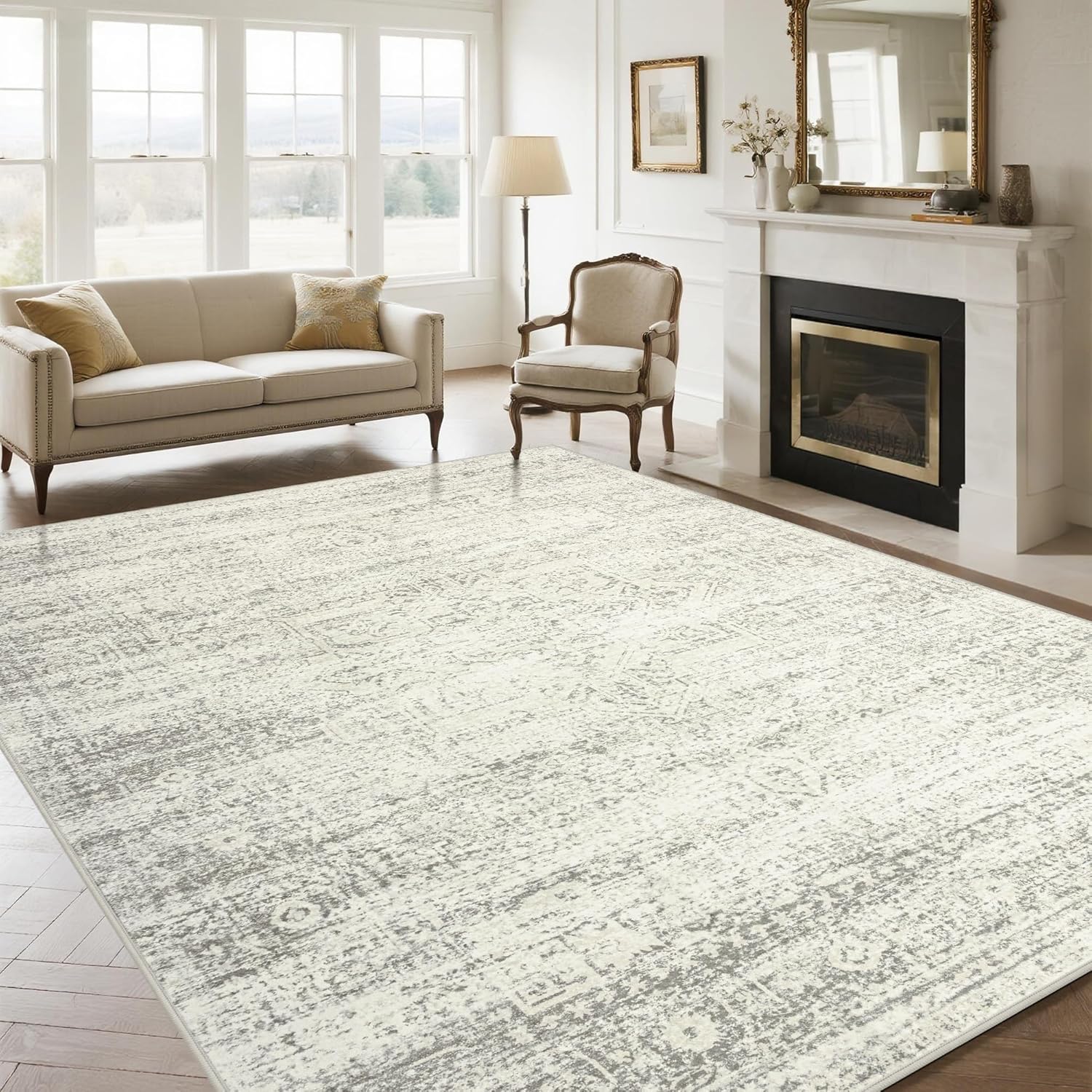 Srugn Washable Area Rug for Living, Bedroom & Dining Room, Ultra Soft Faux Wool Retro Large Carpet, Non-Slip/Shedding Low Pile Vintage Print for Home Office Decor, Beige Ivory Cream Brown Camel, 5x7
