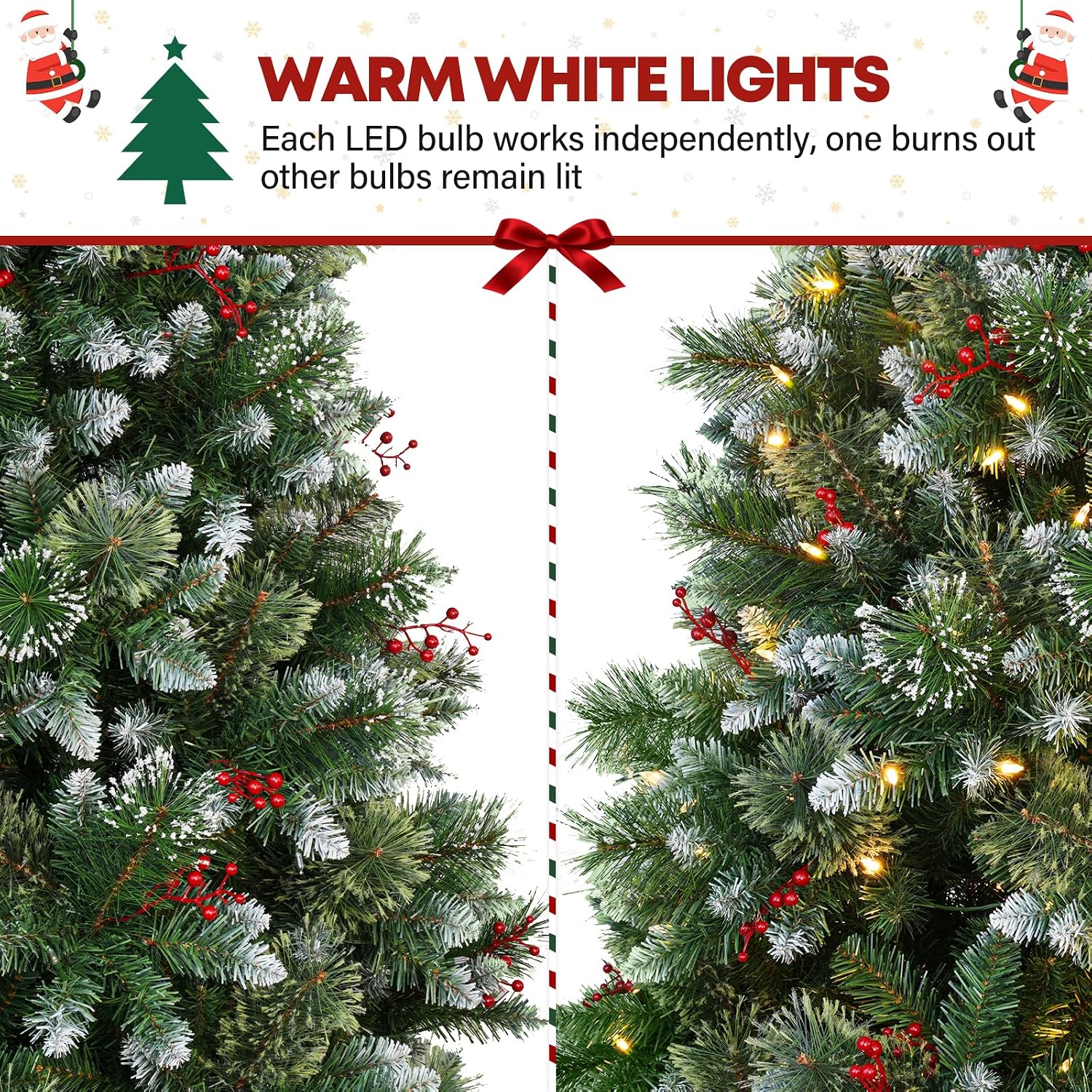 7.5ft Lighted Frosted Christmas Tree, Artificial Christmas Pine Tree with Red Berries, 350 Warm White LED Lights, 1372 Branch Tips, Foldable Metal Stand and Hinged Branches