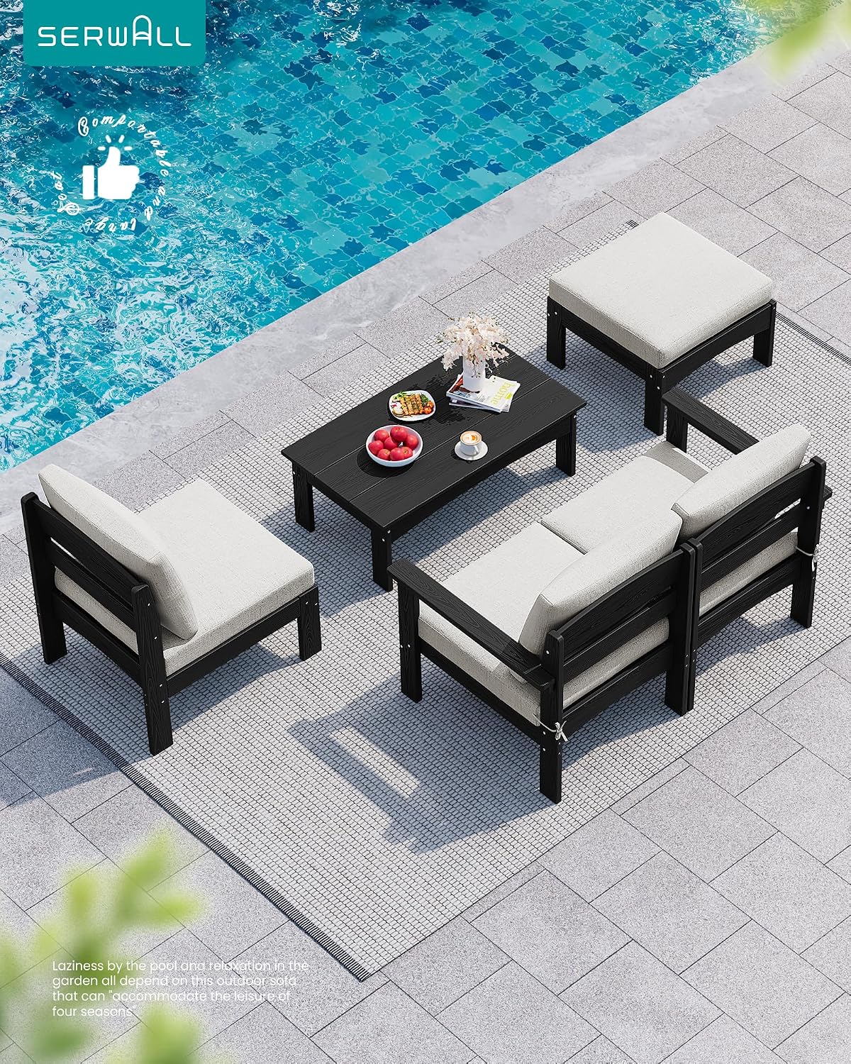 SERWALL 2 Pieces Patio Conversation Set, All-Weather HDPE Outdoor Sofa with Removable Cushions and Ottoman, Modular Design Converts to Chaise Lounge, Porch, Poolside, Black Frame with Khaki Cushion