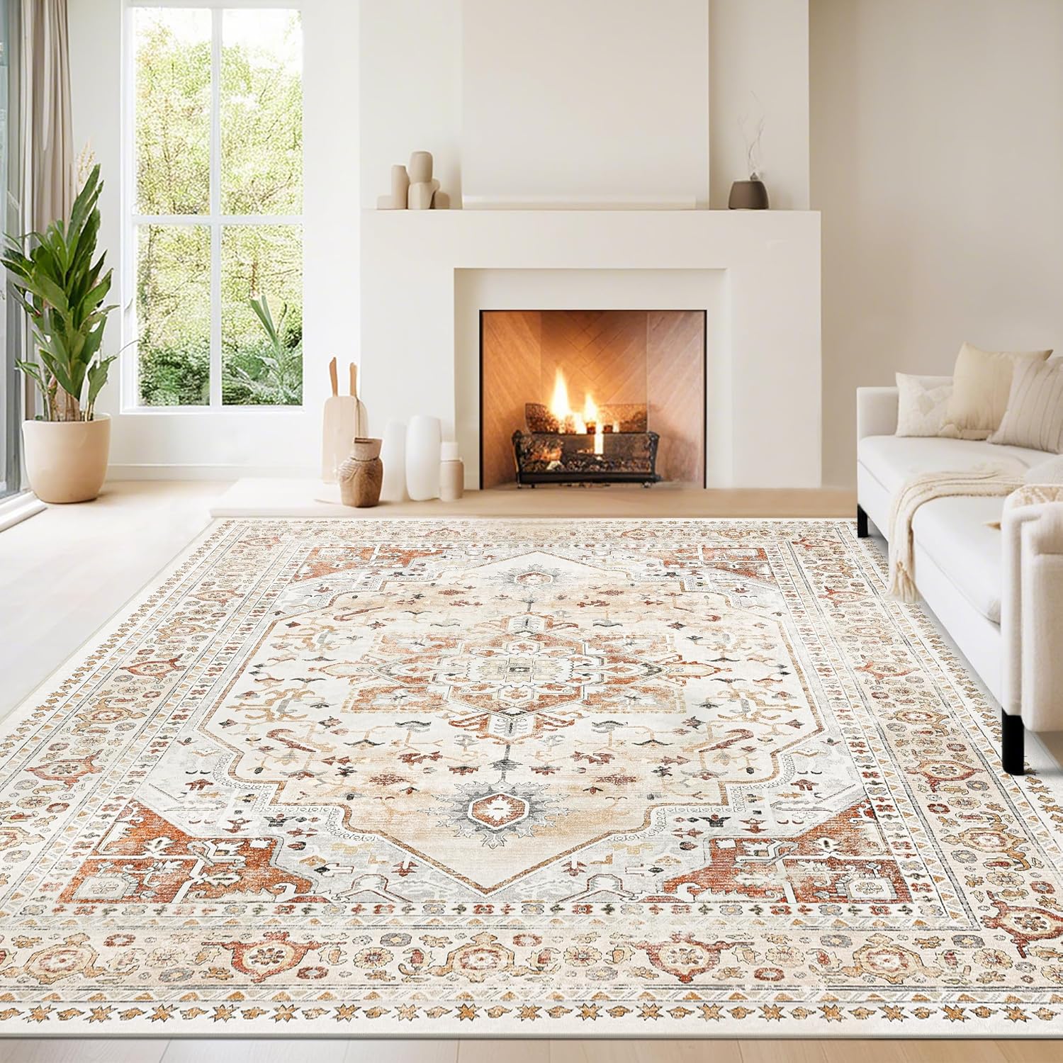 Srugn Washable Rugs 5x7 Area Rugs for Living Room,Bedroom,Dining Room- Ultra Soft Faux Wool Nursery Rug for Baby Girl,Neutral Light Pink Low Pile Vintage Carpets for Dorm Kids Playroom,Non Slip