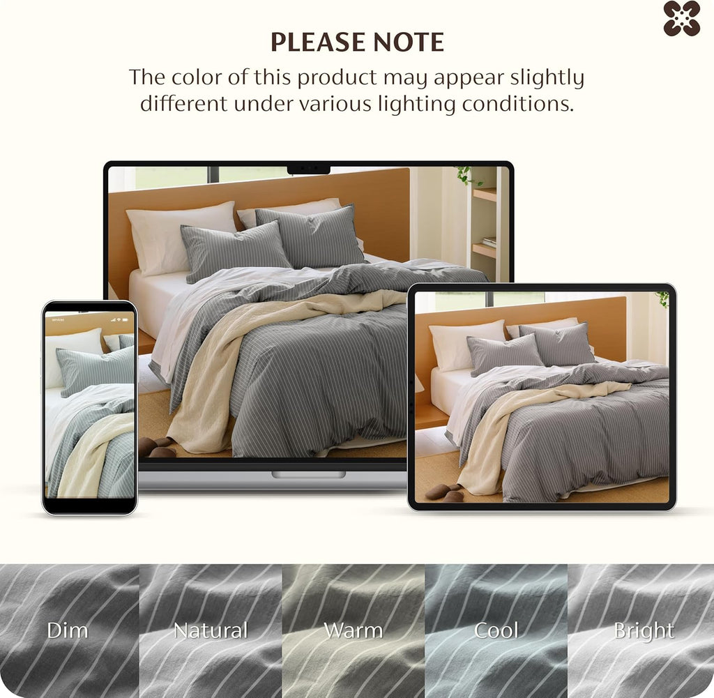 Bedsure Striped Duvet Cover Queen, 100% Washed Cotton Duvet Cover Linen‑Like, PureWoven with Reversible Yarn‑Dyed Design & Double‑Stitch Craft, 3-Piece with Zipper, Stripes Dark Grey, 90"x90"