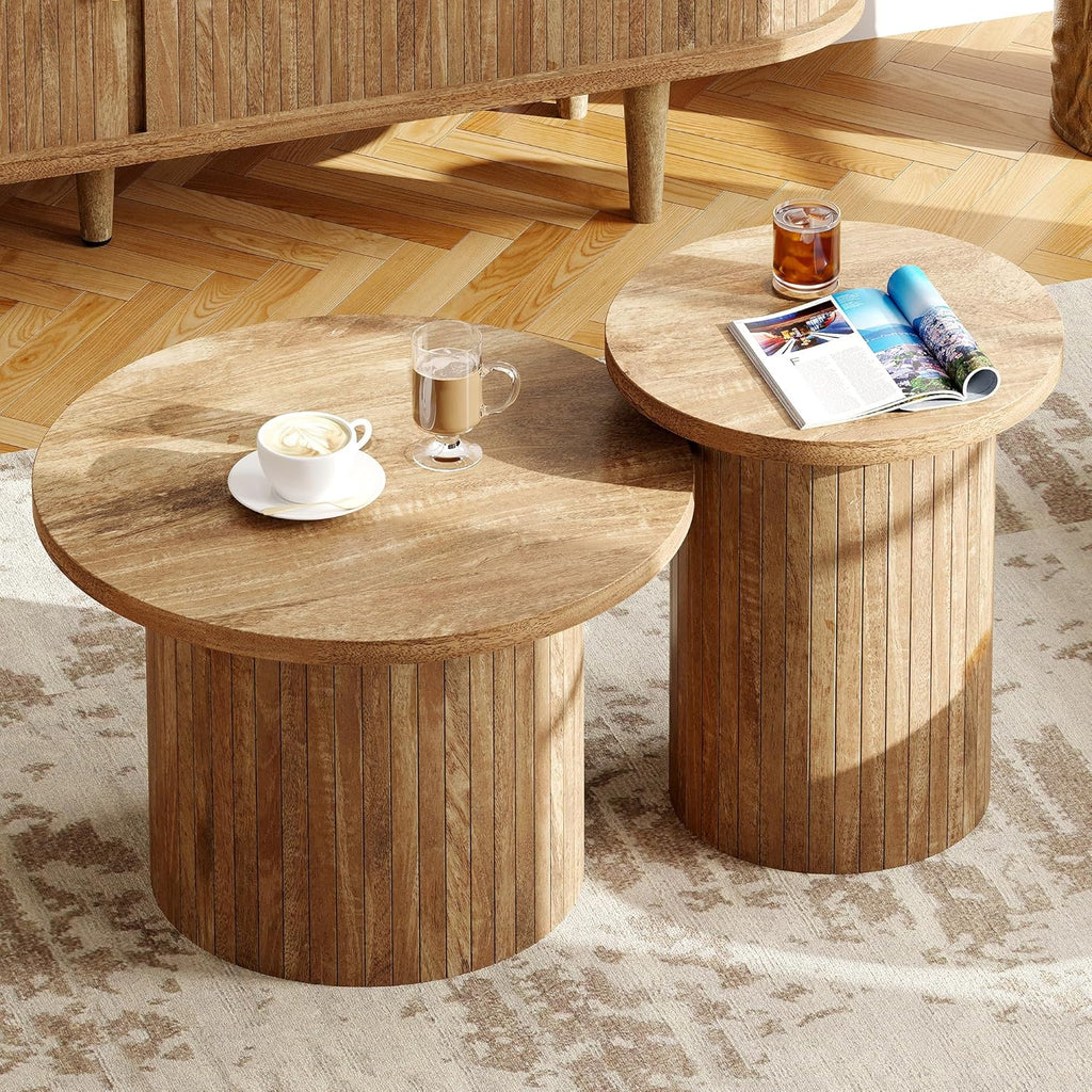 AMERLIFE Rustic Nesting Coffee Table Set of 2, Wood Finish Coffee Table Set, Farmhouse Round Sofa Side Tables for Living Room, Small Spaces, Natural Finish