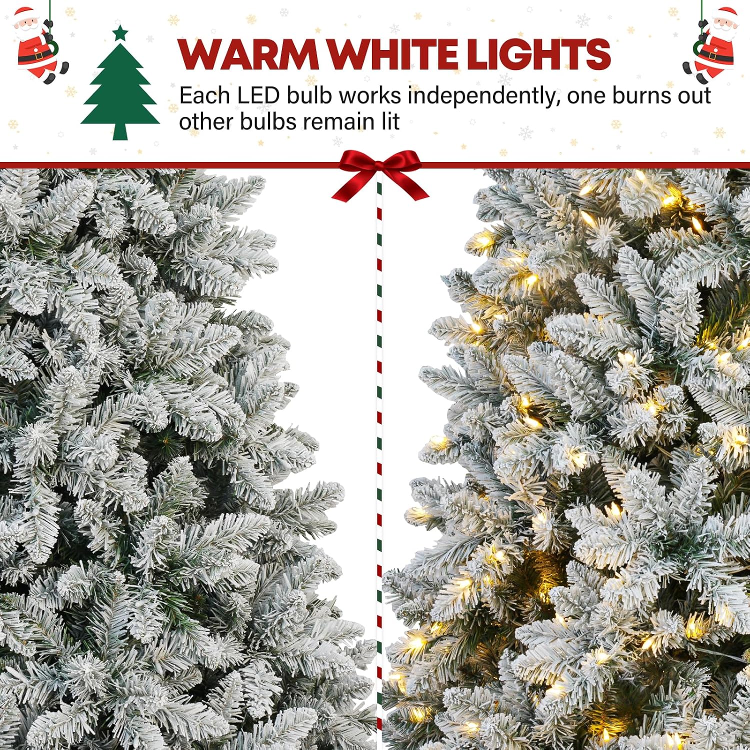 6ft Prelit Flocked Christmas Tree, Artificial Holiday Christmas Tree with 250 Warm White Lights, 1032 Branch Tips, Hinged Design & Metal Base, Easy Assembly for Indoor Decorating