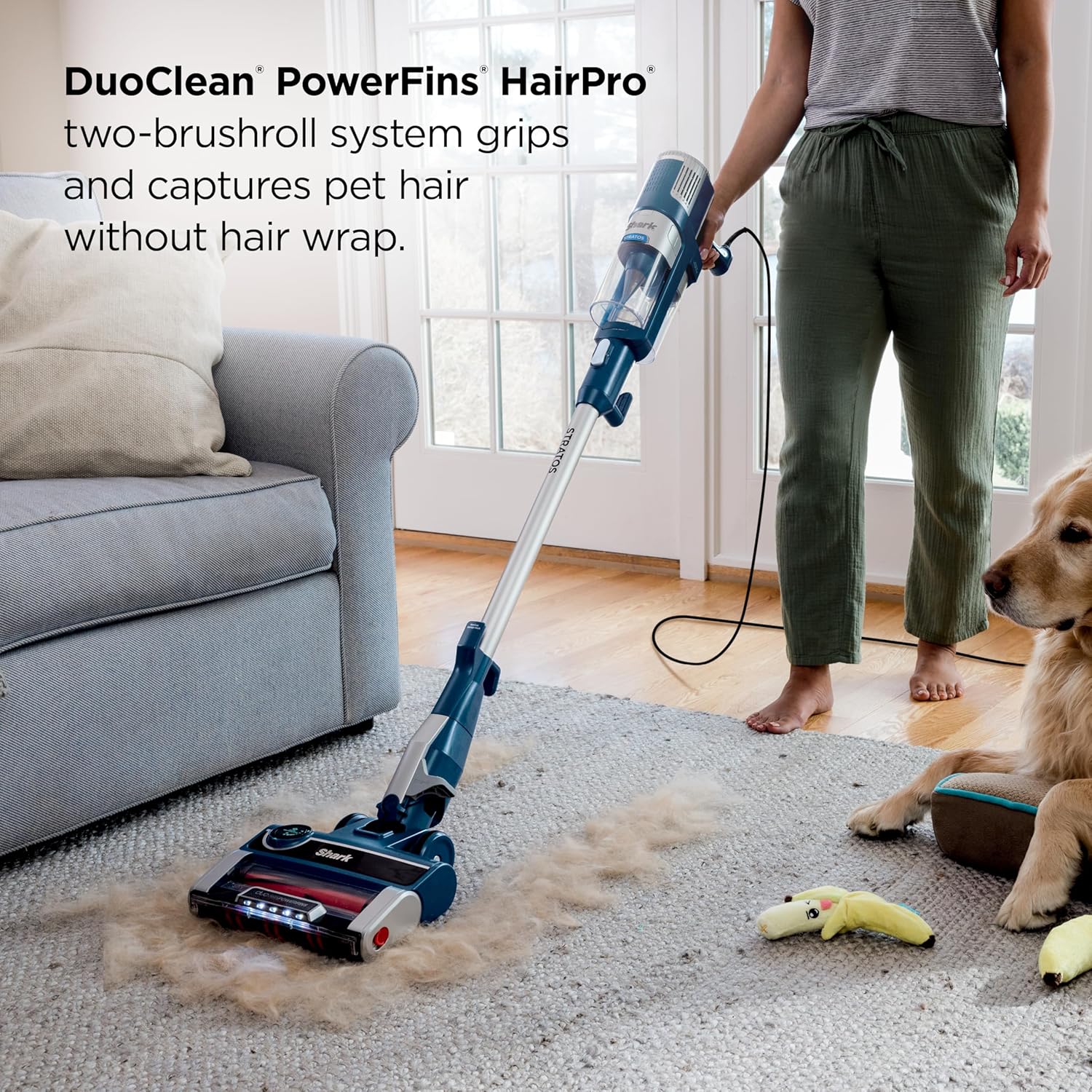 Shark Stratos | Corded Stick Vacuum Cleaner for Carpet & Hard Floors | Lightweight Hand Vacuum for Pet Hair with DuoClean PowerFins HairPro | Self-Cleaning Brushroll | 4 Accessories | Navy | HZ3002