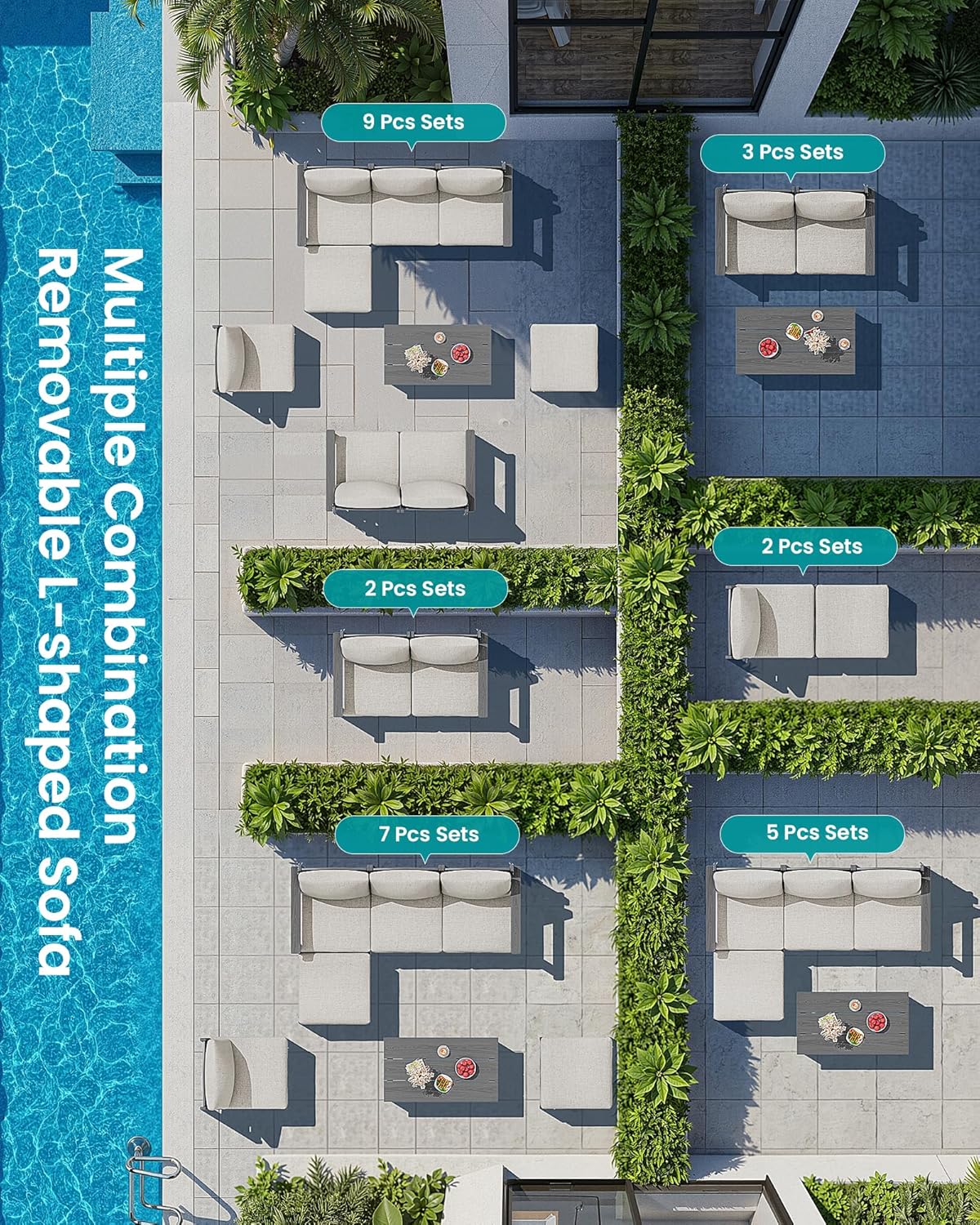 SERWALL HDPE Patio Loveseat Sofa, 2 Pieces Single Sofa, Weather-Resistant Outdoor Furniture Chair with Thick Removable Cushion, Balcony, Garden, Backyard, Poolside, Grey Frame with Khaki Cushion