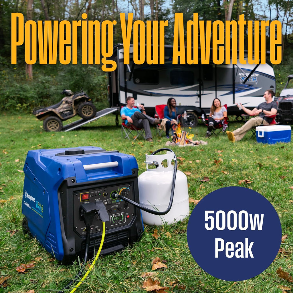Westinghouse 5000 Peak Watt Super Quiet Dual Fuel Portable Inverter Generator, Wheel & Handle Kit, Gas & Propane Powered, RV Ready, CO Sensor, Parallel Capable