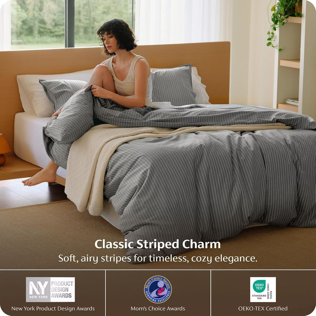 Bedsure Striped Duvet Cover Queen, 100% Washed Cotton Duvet Cover Linen‑Like, PureWoven with Reversible Yarn‑Dyed Design & Double‑Stitch Craft, 3-Piece with Zipper, Stripes Dark Grey, 90"x90"