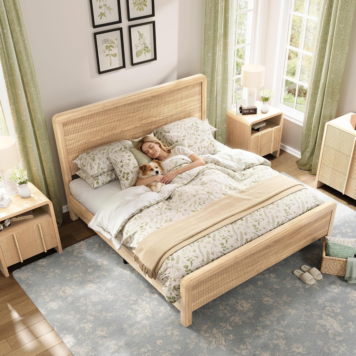 AMERLIFE Wood Queen Size Bed Frame with Headboard & Footboard, Modern Fluted Wooden Platform Bedframe with Rounded Safety Edges, Wood Slat Support, No Box Spring Needed, Easy Assembly, Natural Oak