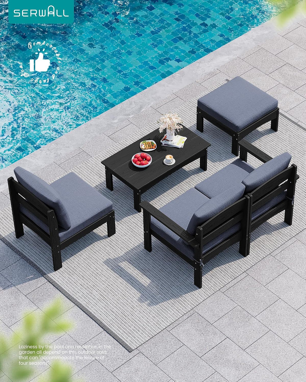 SERWALL HDPE Patio Loveseat Sofa, 2 Pieces Single Sofa, Weather-Resistant Outdoor Furniture Chair with Thick Removable Cushion, Balcony, Garden, Backyard, Poolside, Black Frame with Grey Cushion