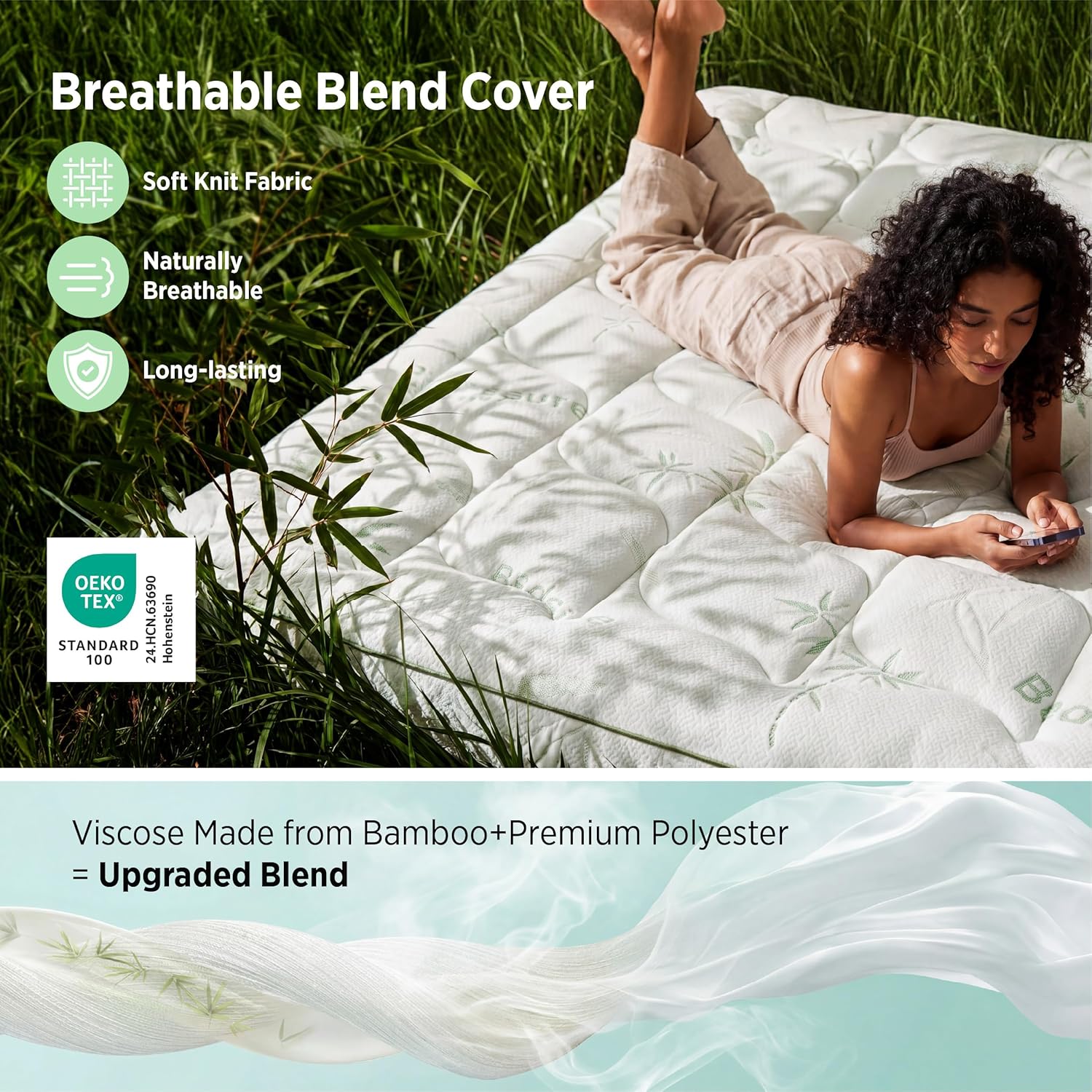 Bedsure 2-in-1 Mattress Topper, 5 Inch Memory Foam Mattress Topper Queen, 3 Inch Memory Foam + 2 Inch Viscose Made from Bamboo Mattress Topper Pad Cover, Flippable Memory Foam with Dual Comfort, White