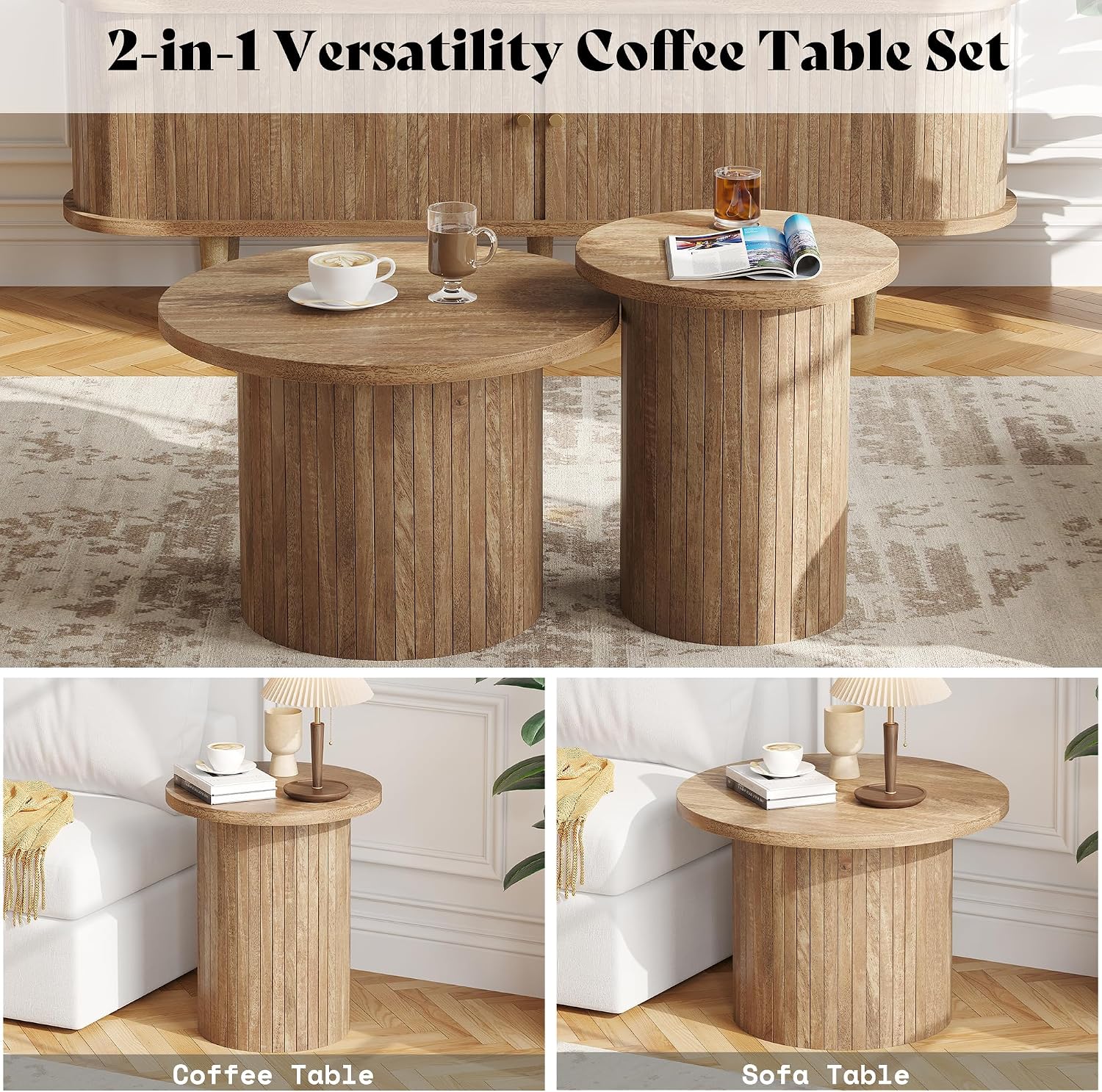 AMERLIFE Rustic Nesting Coffee Table Set of 2, Wood Finish Coffee Table Set, Farmhouse Round Sofa Side Tables for Living Room, Small Spaces, Natural Finish