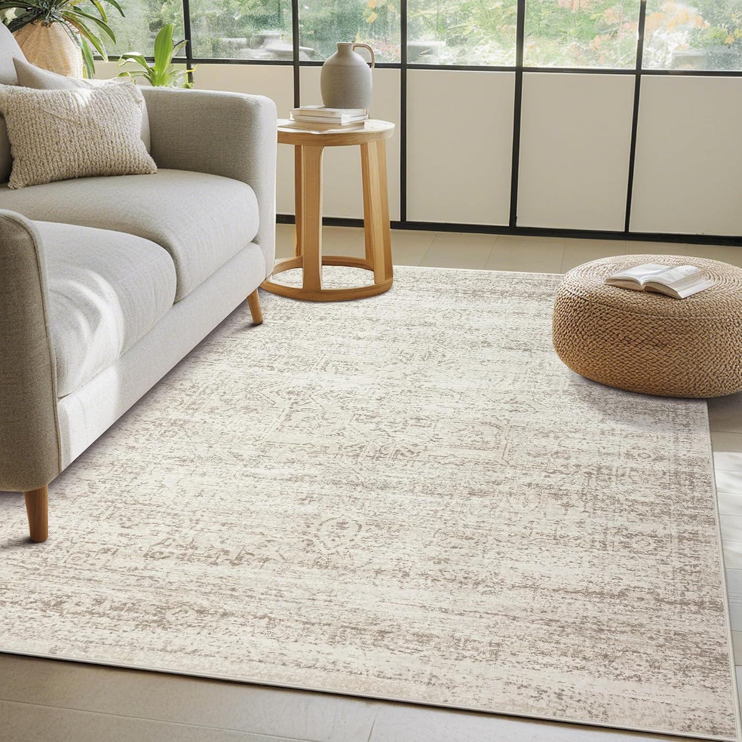 Srugn Washable Area Rug for Living, Bedroom & Dining Room, Ultra Soft Faux Wool Retro Large Carpet, Non-Slip/Shedding Low Pile Vintage Print for Home Office Decor, Beige Ivory Cream Brown Camel, 5x7