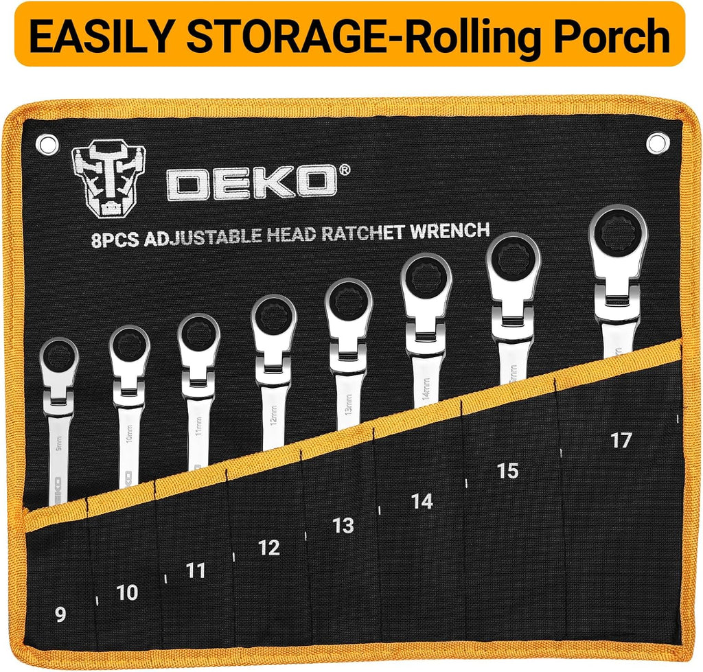DEKOPRO 8-PC Flex Head Ratcheting Wrench Set, Metric Standard 9-17mm, 72-Tooth Cr-V Combination Wrenches with Portable Pouch for Mechanics & Home Maintenance