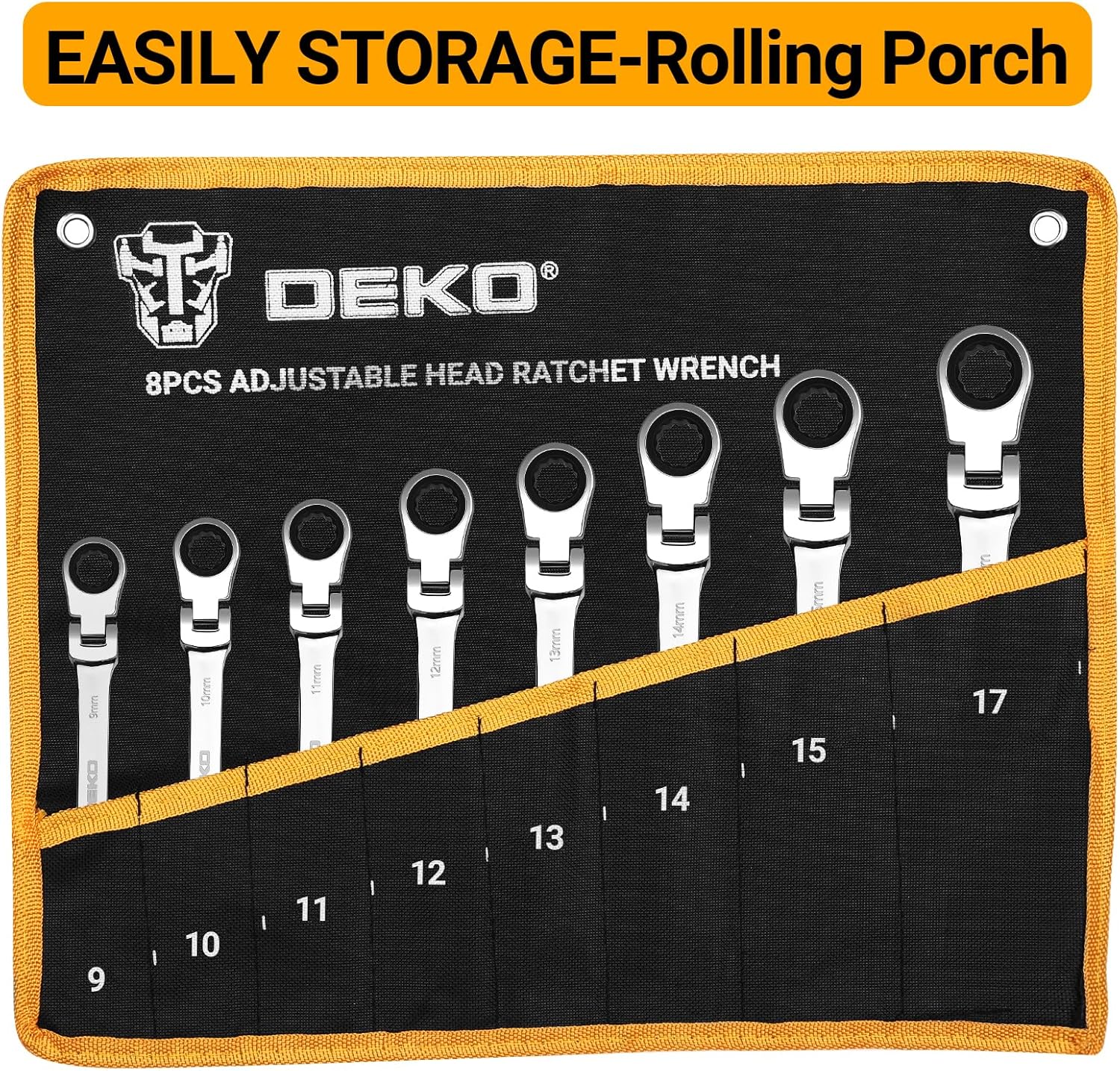 DEKOPRO 8-PC Flex Head Ratcheting Wrench Set, Metric Standard 9-17mm, 72-Tooth Cr-V Combination Wrenches with Portable Pouch for Mechanics & Home Maintenance