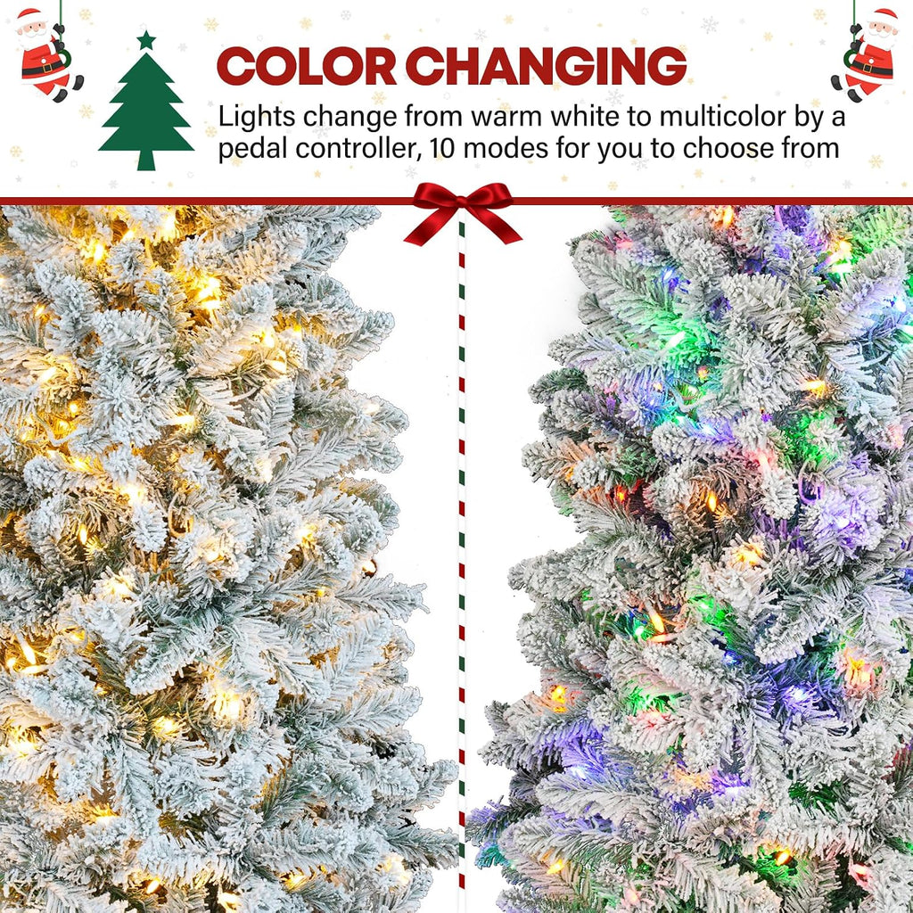 7.5ft Prelit Snow Flocked Pencil Christmas Tree with 300 Multicolor LED Lights, Artificial Slim Christmas Tree with 792 PVC Branch Tips, Metal Stand and Hinged Branches, 10 Color Modes
