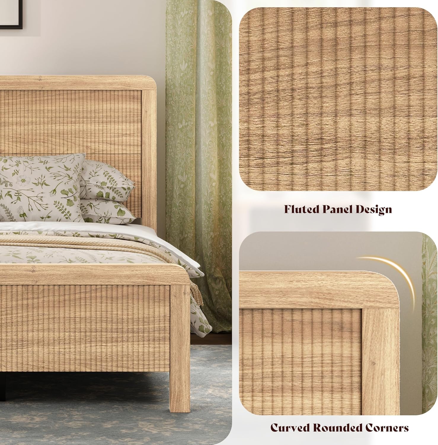 AMERLIFE Wood Queen Size Bed Frame with Headboard & Footboard, Modern Fluted Wooden Platform Bedframe with Rounded Safety Edges, Wood Slat Support, No Box Spring Needed, Easy Assembly, Natural Oak
