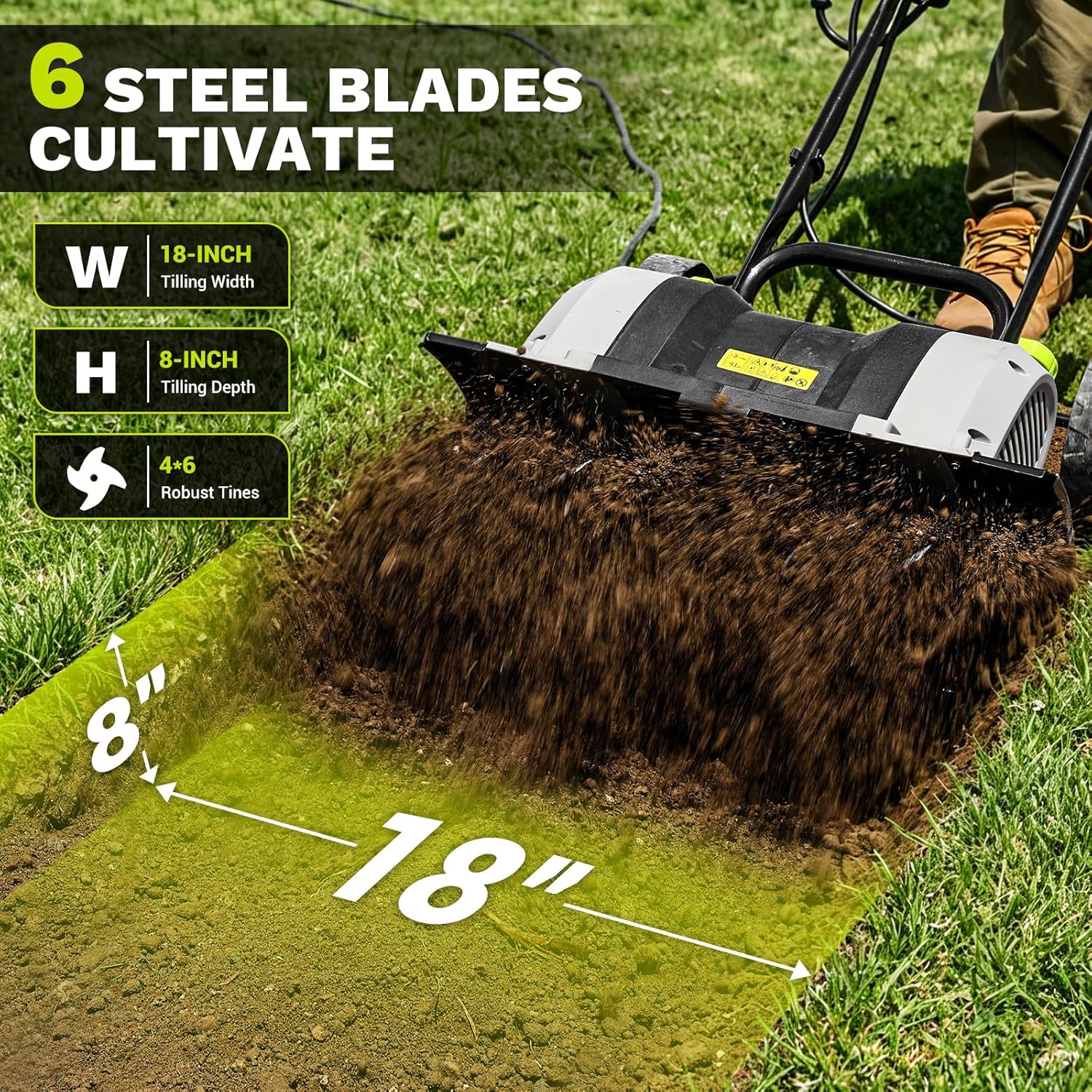 Cultivator Tiller for Gardening:18 Inch Electric Tiller with 6 Steel Tines, Corded 15 Amp Garden Rototiller for Soil Digging with Adjustable Wheels DEKOPRO