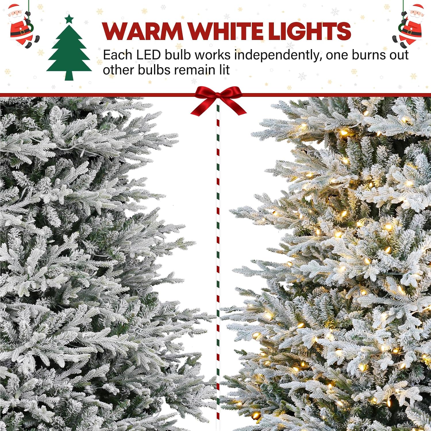 7.5 ft Lighted Artificial Flocked Christmas Tree, 450 Warm White LED Lights, 2933 PE&PVC Realistic Frosted Tips, Metal Stand and Hinged Branches Included