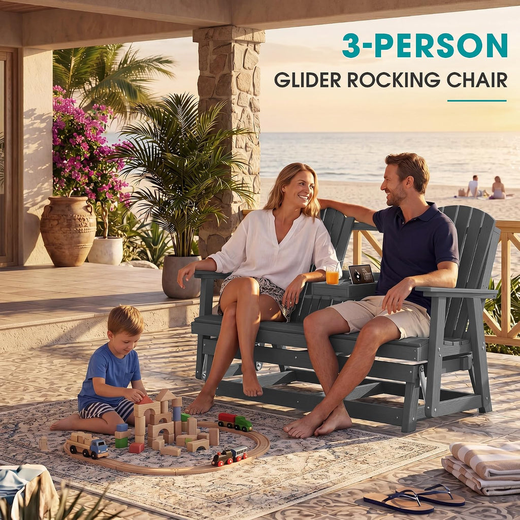 SERWALL 3 Person Outdoor Glider Bench with Cup Holder and iPad Placement,Oversized 66" HDPE Patio Glider Bench, All Weather Patio Glider Chair for Garden,Park,Yard,Front Porch,Gray